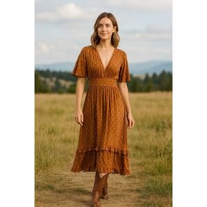 Storia Flowy Boho Smocked Tiered Ruffle Dress Rust Orange pumpkin patch Autumn S